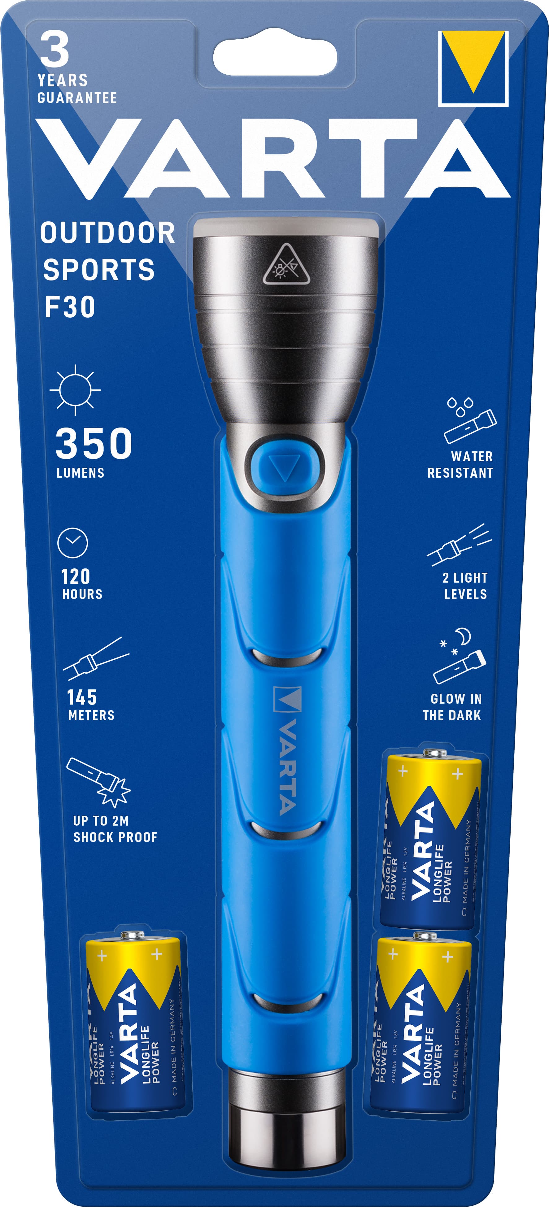 Lampe de poche LED Varta Outdoor Sports, F30 350lm, avec 3 piles Baby C, blister de vente au détail