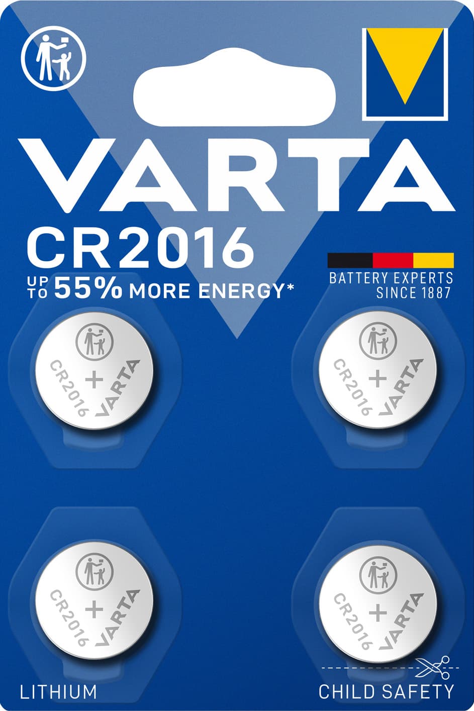 Pile Varta au lithium, pile bouton, CR2016, électronique 3 V, blister de vente au détail (paquet de 4)