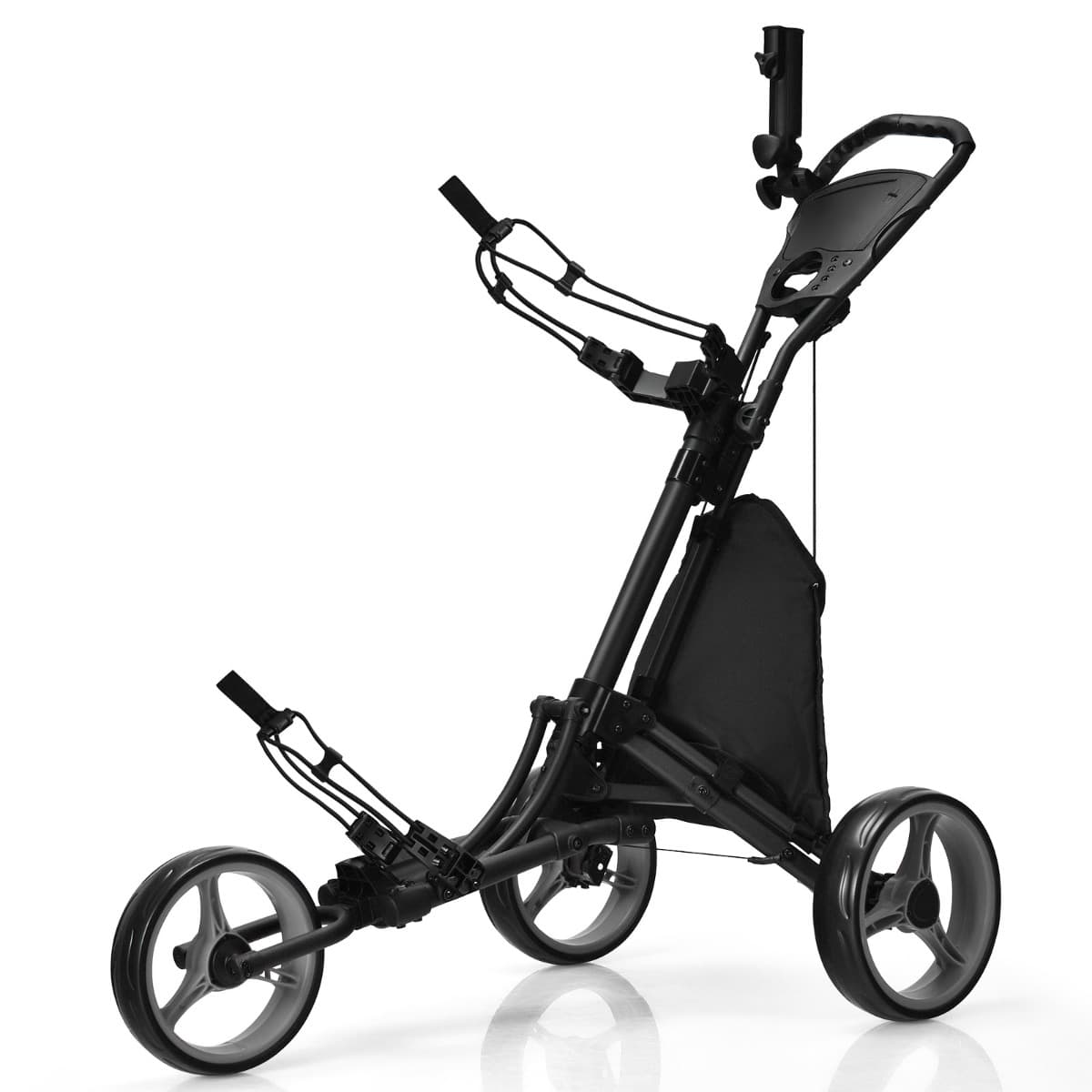 CostwayChariot de Golf Pliable à 3 Roues Sangle Elastique Porte-parasol Réglable et Porte-gobelet Sac Recouvert d'Aluminium Gris