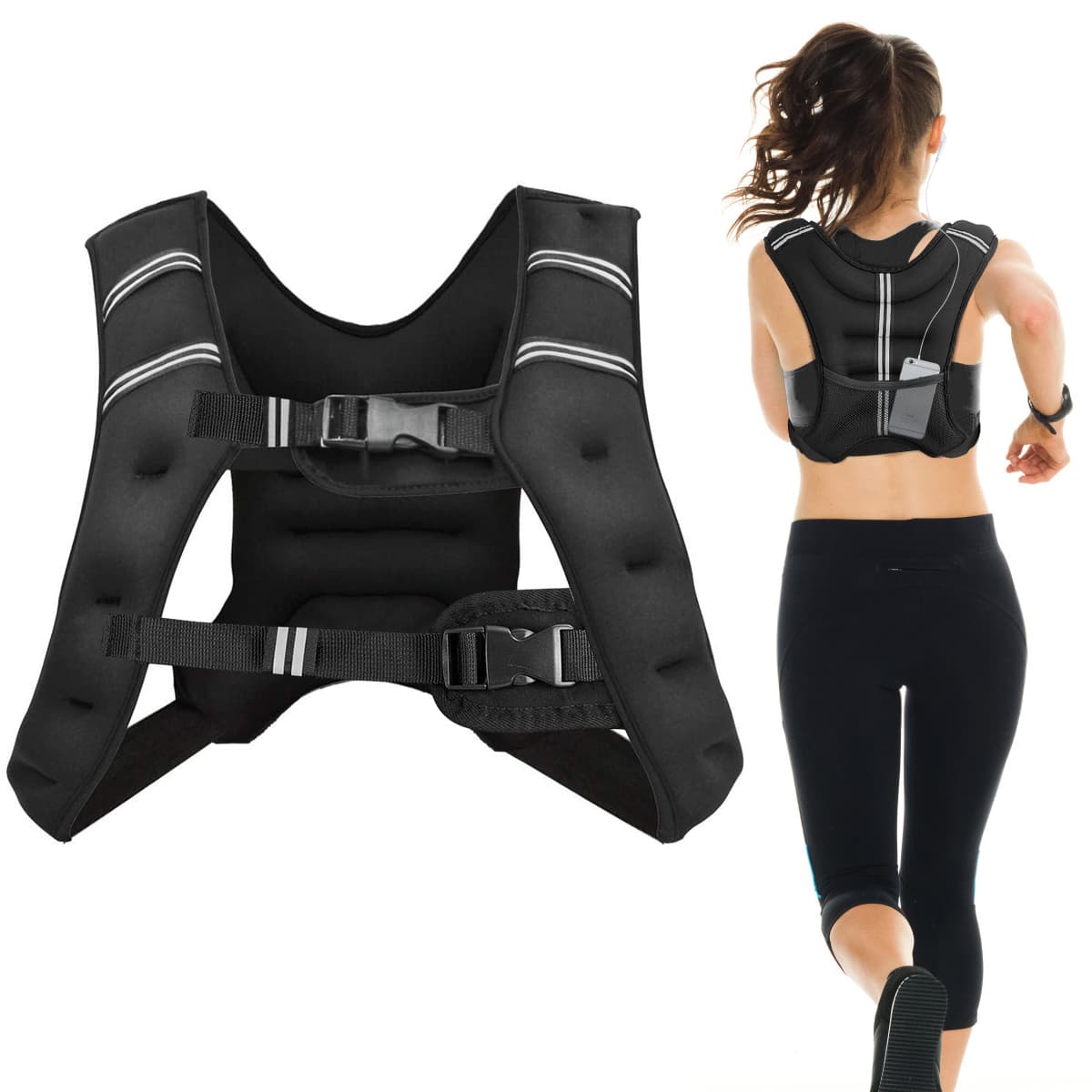 CostwayGilet Lesté de 15 kg avec Sangles Réglables, Poche en Maille Filet et Bandes Réfléchissantes Entrainement d’Exercice Noir
