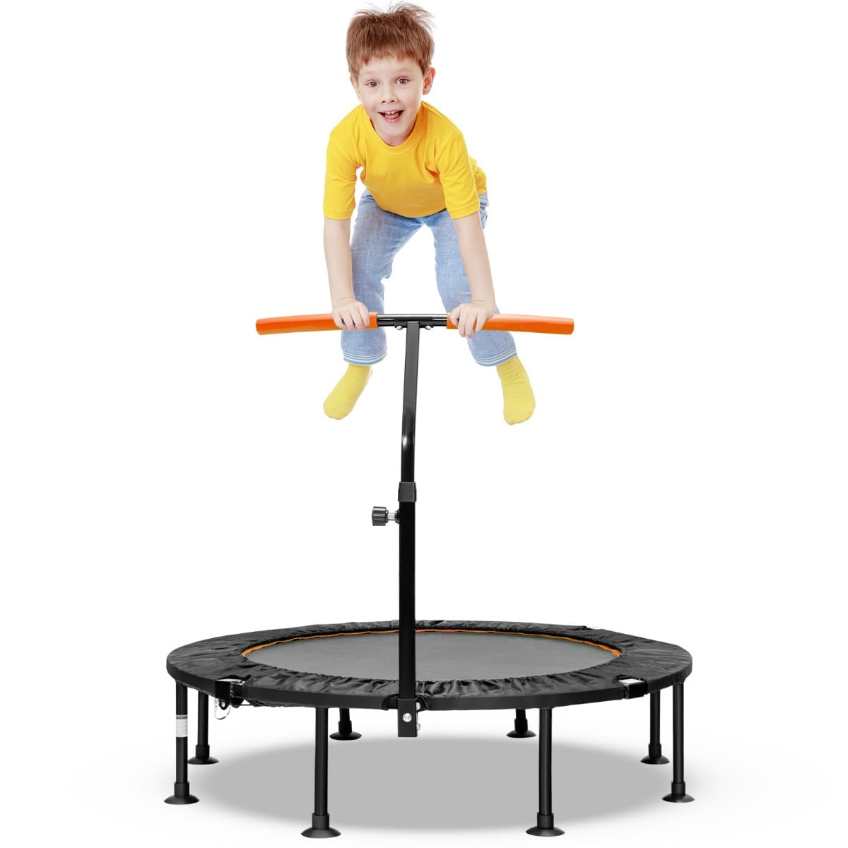 CostwayMini Trampoline d'Intérieur Pliable Ø110cm avec Poignée Réglable en Hauteur Trampoline de Fitnesss avec Tapis de Saut en PP Charge 100kg Orange