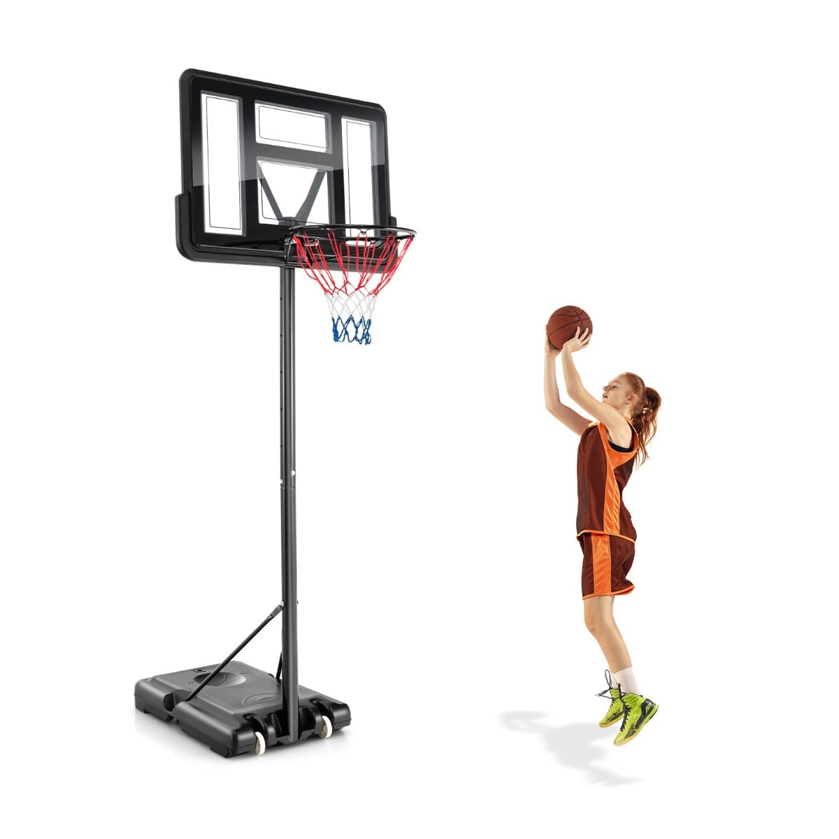 CostwayPanier de Basket-Ball sur pied Réglable en Hauteur 130-305 cm 12 Niveaux avec Roulettes Mobile 2 Filets Base de Lestage