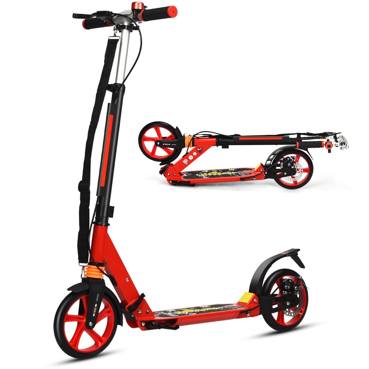 CostwayTrottinette à 2 Roues avec Frein Pliable 3 Hauteures Aajustables Fait en Alliage d'Aluminium Charge Max.100KG Rouge