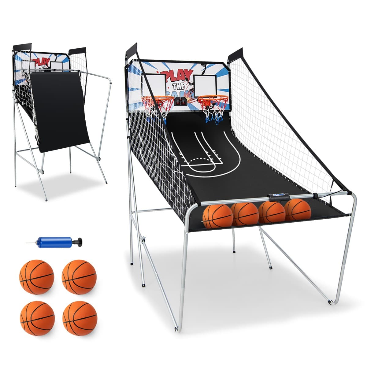 CostwayPanier de Basketball Pliable à Double Panier 4 Balles Pompe de Gonflage Jeu de Basketball Arcade pour 1 à 4 Joueurs