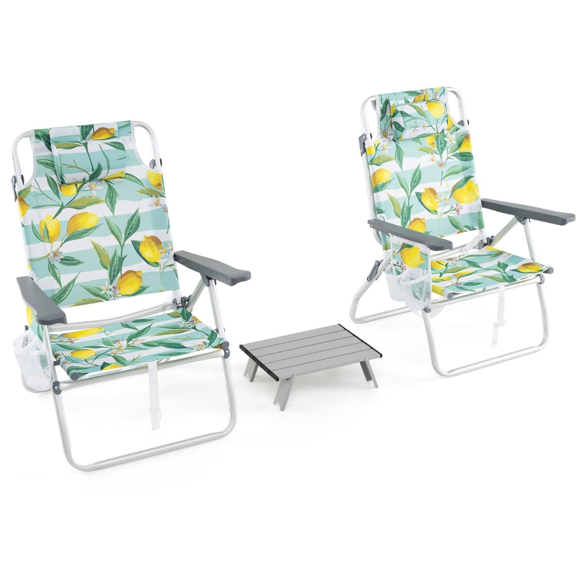CostwayEnsemble de Chaises de Plage et Table Pliables Chaises de Jardin 5 Positions avec Table d'Appoint Cadre en Aluminium Léger Vert