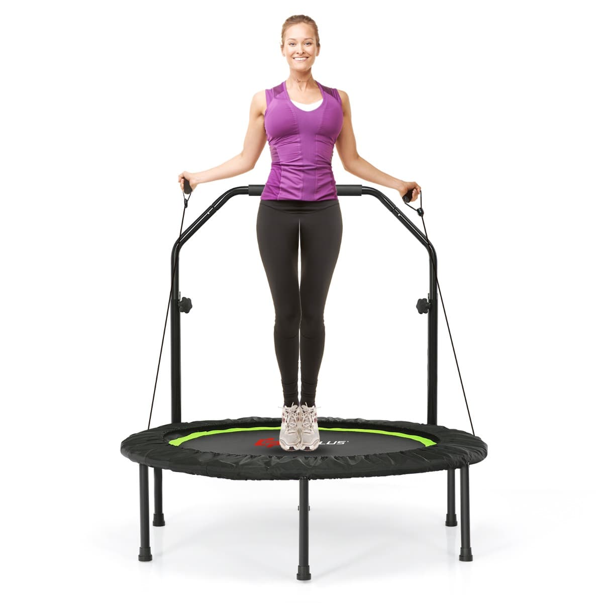 CostwayTrampoline de Fitness Pliable 101cm avec 2 Bandes de Résistance Main Courante Hauteur Réglable Charge 150 kg pour Enfants Vert