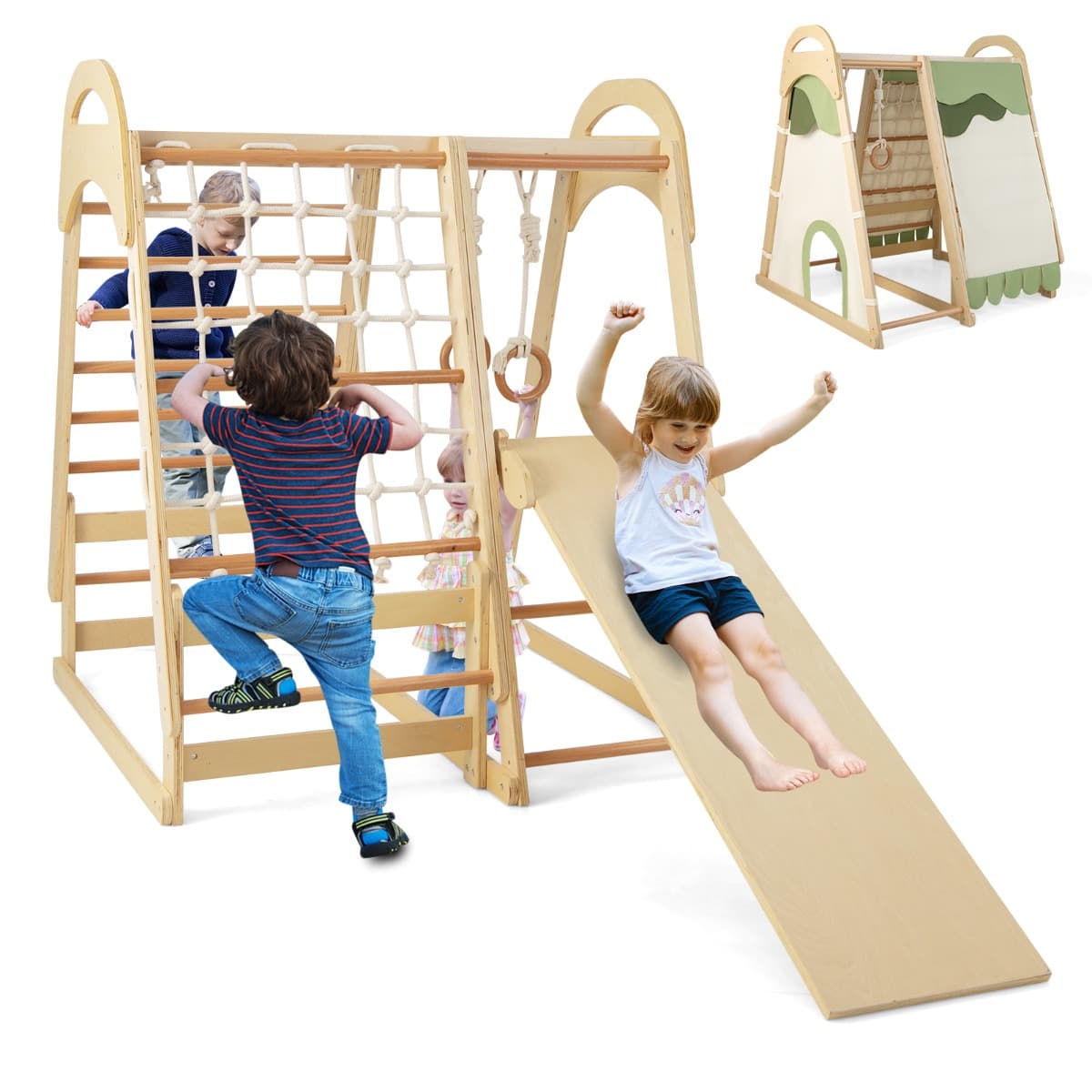 CostwayAire de Jeux 6 en 1 pour Enfants en Bois avec Toboggan Ensemble de Jeux d’Escalade Charge 120kg 1 An+