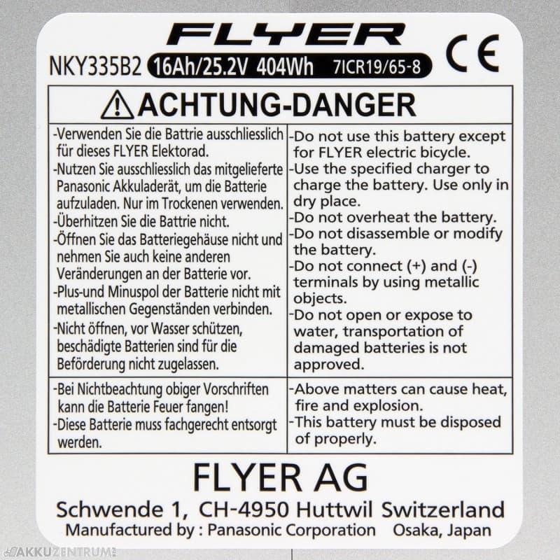 Batterie de vélo électrique FLYER Panasonic Batterie de vélo électrique Premium 26V 16Ah (NKY335B2) - tube de selle