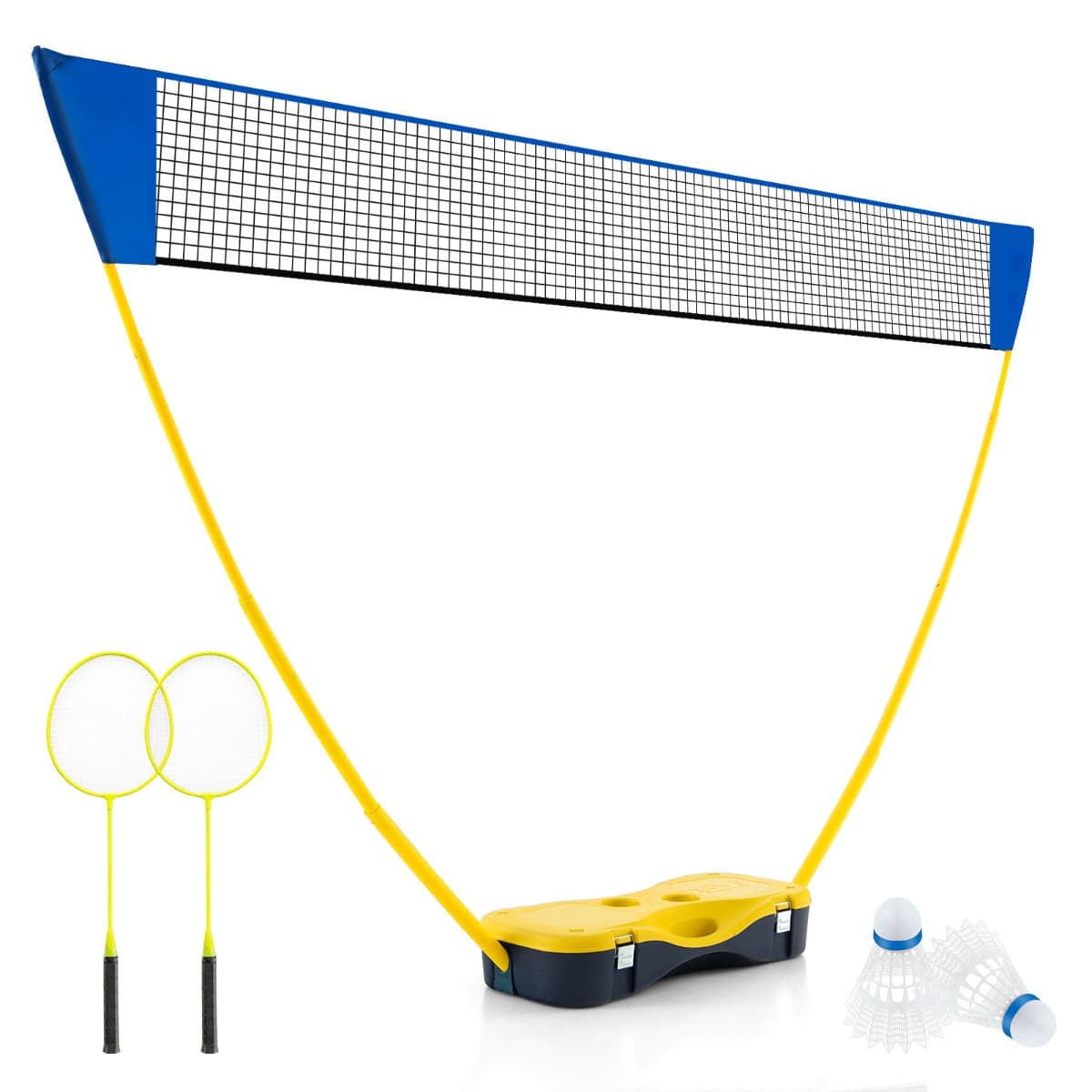 CostwayEnsemble de Filet et Raquettes de Badminton Ensemble de Badminton Portable 2 Volants Filet Premium 2 Raquettes Boîte de Rangement Jeu Jaune