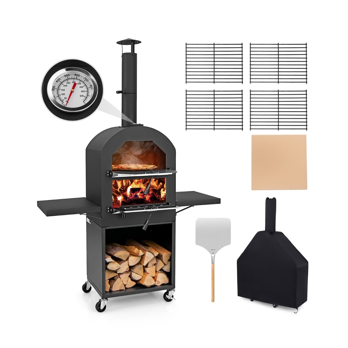 CostwayFour à Pizza d'Extérieur Four à Bois avec Housse de Protection Pierre à Pizza Pelle Thermomètre Intégré et Rangement Portable avec Roulettes