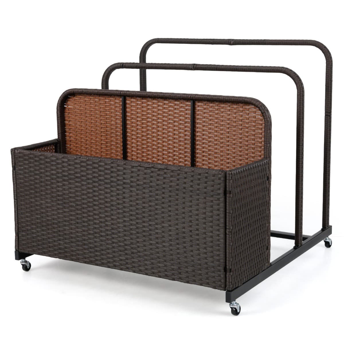 CostwayOrganisateur de Rangement au Bord de la Piscine en Rotin PE Chariot Roulant d'Extérieur avec Roues 2 Barres et 1 Panier Marron
