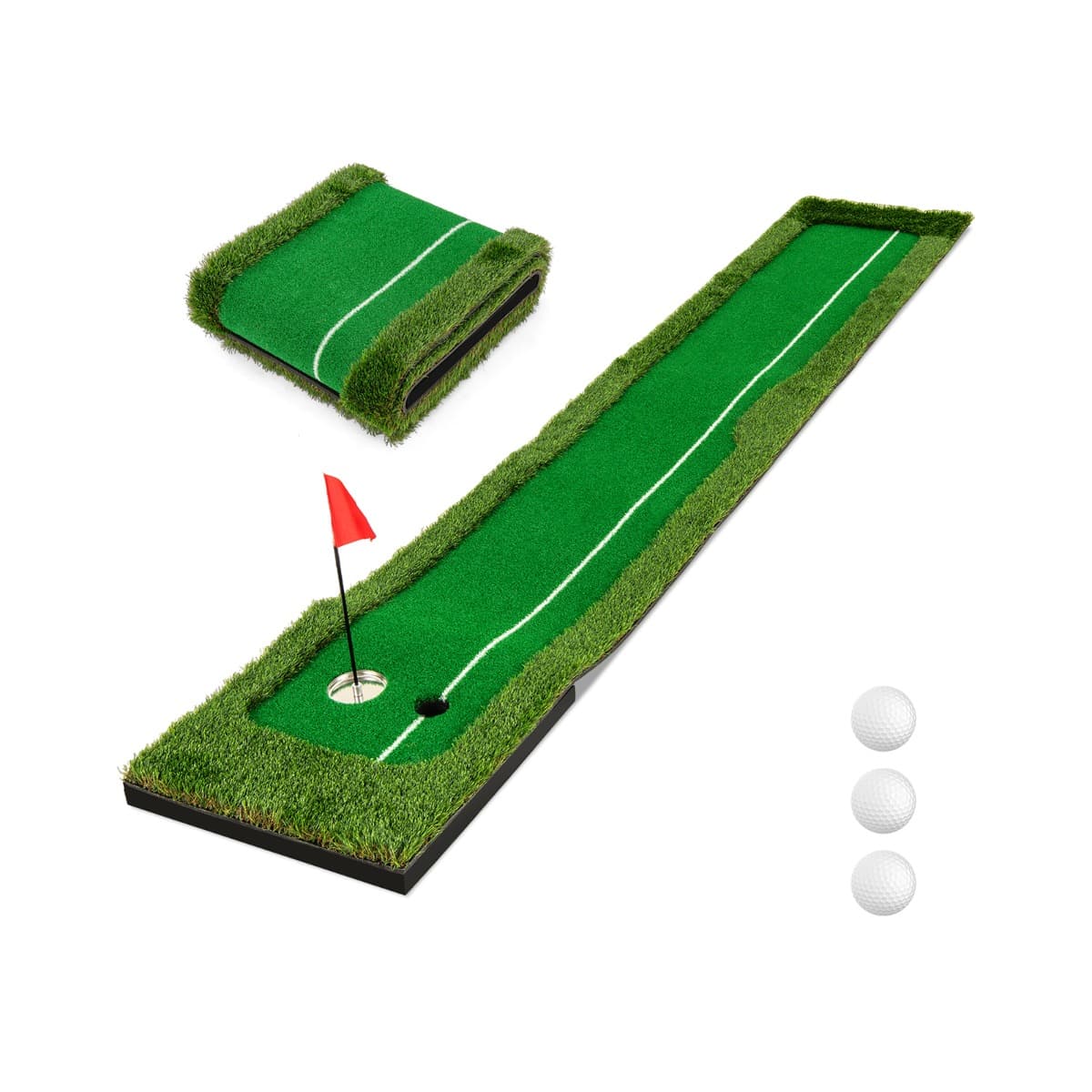 CostwayTapis de Putting Golf Tapis de Pratique Golf 300 CM avec Gazon Artificiel 3 Balles de Golf et 2 Tailles de Trou Cadeau Idéal pour Golfeurs