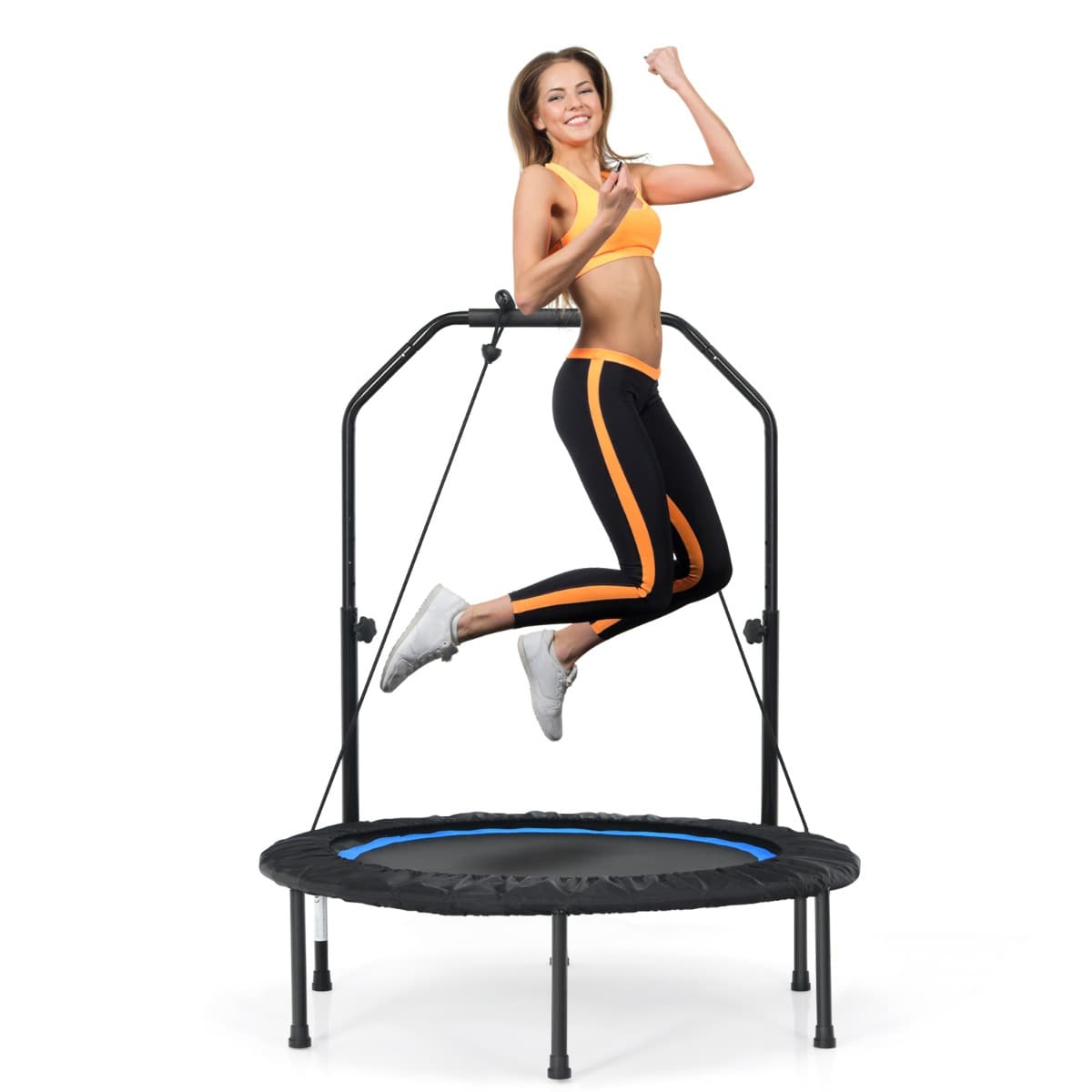 CostwayTrampoline de Fitness Pliable 101cm avec 2 Bandes de Résistance Main Courante Hauteur Réglable Charge 150 kg pour Enfants